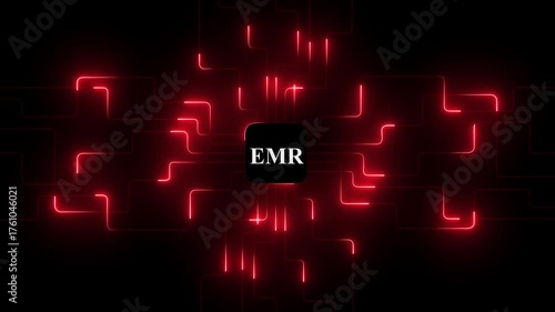 abstract glowing neon line technology circuit board with EMR text icon animation on black background. Glowing circuit lines futuristic tech animation.
