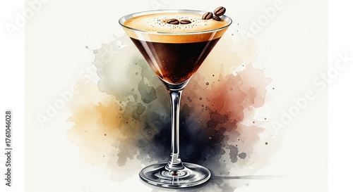 A watercolor style illustration of an espresso martini with coffee beans as a garnish on top
