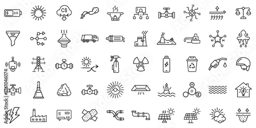 A collection of monochrome environmental and energy icons representing sustainability themes.