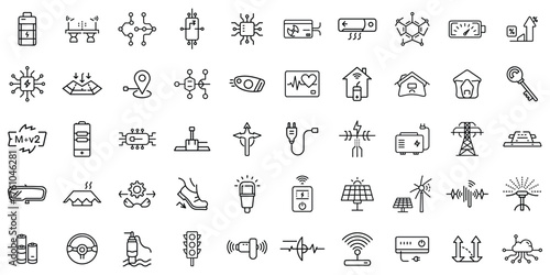 A collection of monochrome icons representing various technological and energy concepts.