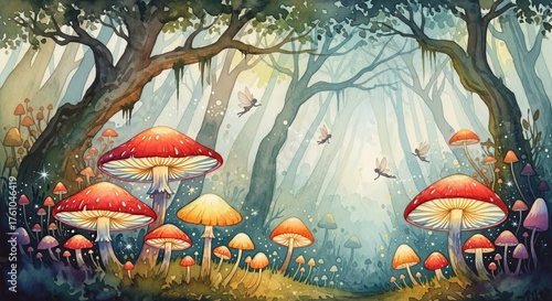 Watercolor painting of a magical forest with mushrooms and fairies flying through the misty light