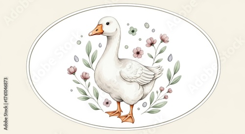 Watercolor illustration of a white goose surrounded by flowers and leaves in an oval frame