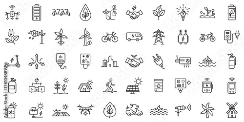 A collection of eco-friendly icons representing renewable energy and sustainability.