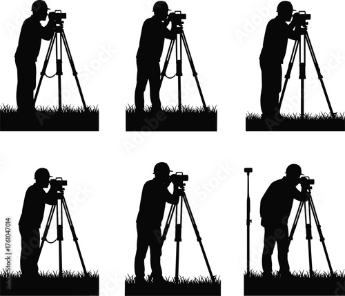 Surveyors using theodolites on tripod silhouettes – geospatial measurement, land mapping, civil engineering, construction site fieldwork