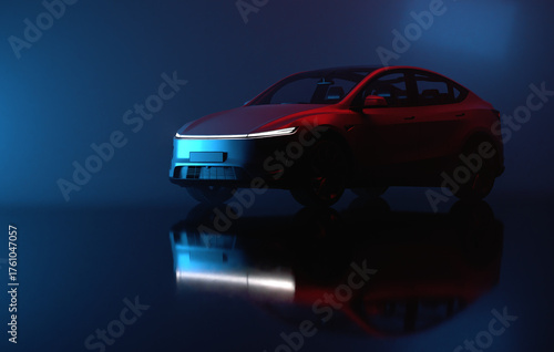 3D Render of a gray colored modern electric car, slight right front view under blue and red light, transparent background.