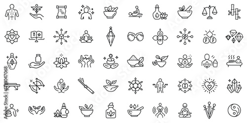 A collection of wellness and healing icons showcasing relaxation and balance in a minimalistic style.