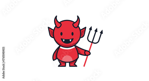Cartoon Devil Character Holding Trident Red Skin Smiling.