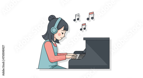 A young woman in headphones plays a melody on an upright piano with musical notes.