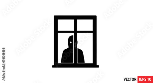 Black Silhouette of an Intruder Peeking Through a Window Icon.