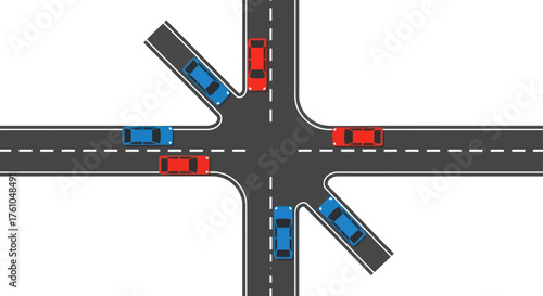 Busy intersection with cars navigating traffic flow.