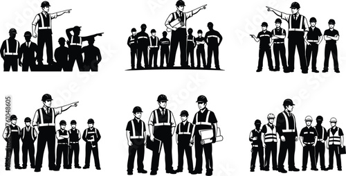 Construction leadership silhouettes – supervisor pointing, workers with documents and clipboards, safety gear, teamwork, site planning illustration