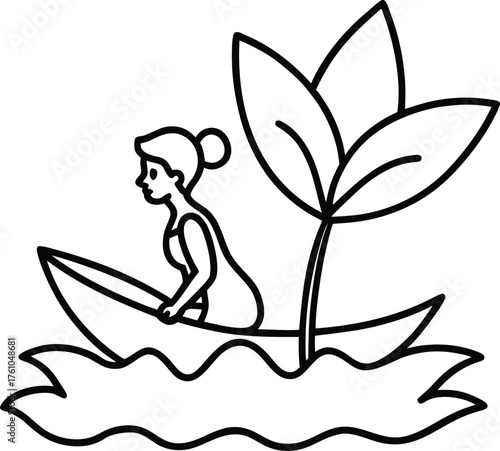 Fairy Boat Sailing on Lily Pond Coloring Illustration on Transparent Background