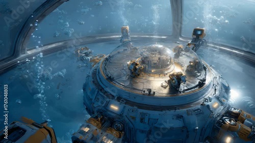 Futuristic Underwater Facility in Turquoise Bioluminescent Light