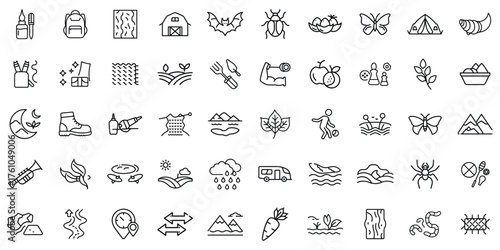 A collection of outdoor-themed icons in a minimalistic style, showcasing nature and adventure.