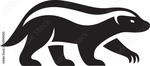 Black silhouette of a walking skunk with white stripes, Black and white skunk walking vector illustration