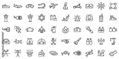 Collection of detailed line icons depicting various modes of transportation, safety, and emergency equipment.