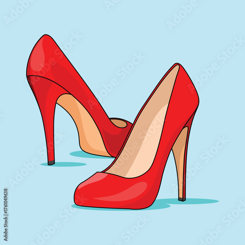 Vector illustration of elegant red high heel shoes on a light blue background. Fashion footwear design, stylish women’s pumps, modern accessory art for boutique