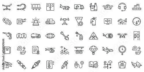 A collection of airplane and transportation-related icons outlining air travel and logistics.