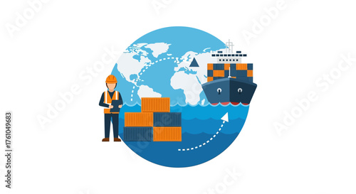 global logistics illustration worker with cargo containers overseeing a freight ship transporting goods across the world ideal for supply chain management themes.