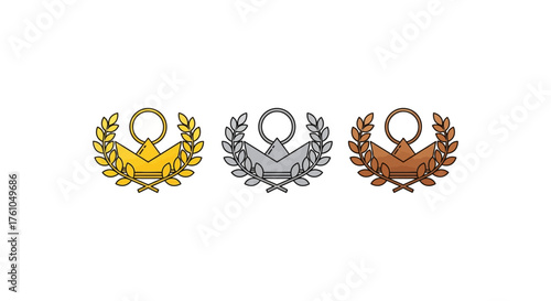 gold silver bronze award icons with laurel wreath signifying victory achievement and sporting excellence perfect for competition presentation visuals.