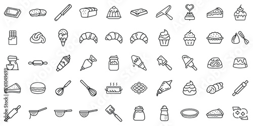 A collection of baking and dessert icons featuring various treats and utensils in a minimalist design.