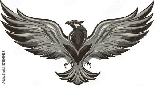 Powerful stylized gray eagle illustration with wings spread. Majestic bird emblem, heraldic design symbolizing strength, freedom, and triumph.