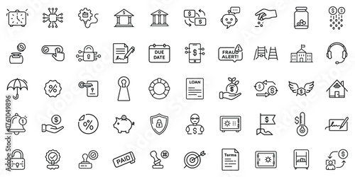 A collection of financial and banking icons in black and white, illustrating various concepts.