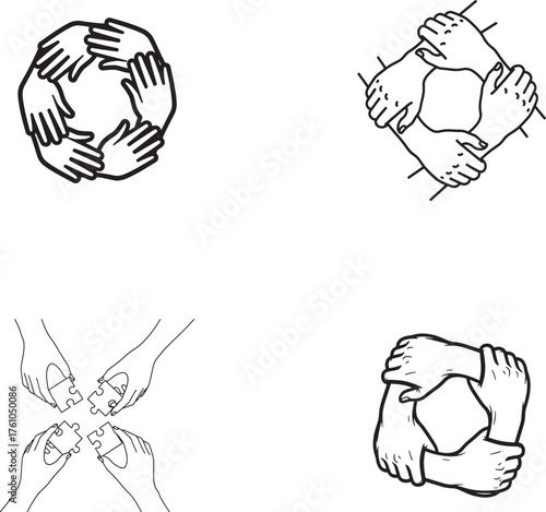 Vector art of four different illustrations of hands clasped together