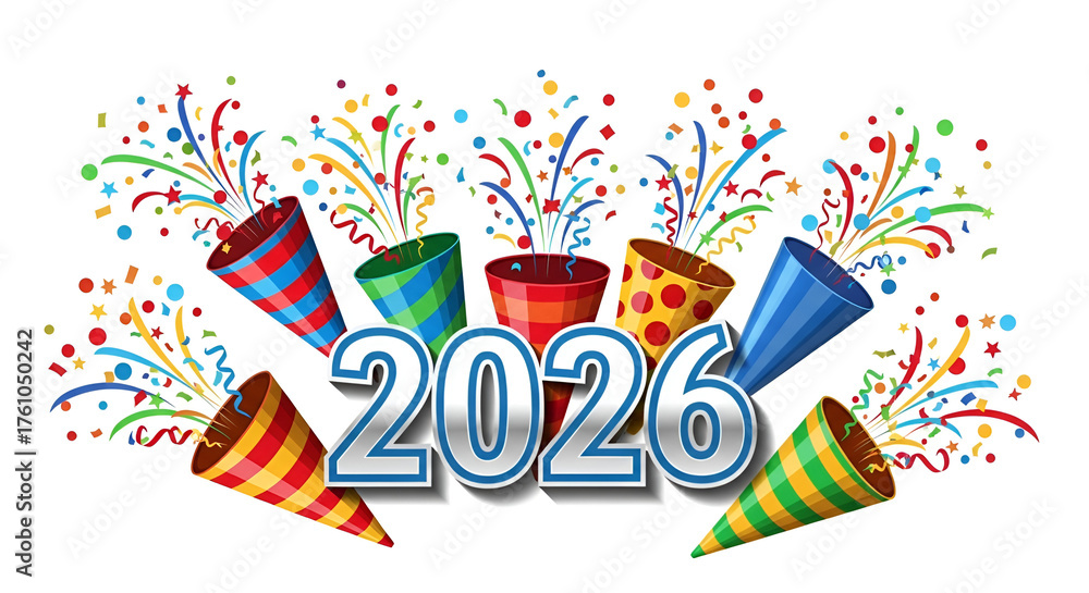 Obraz premium Colorful 2026 New Year Confetti Poppers Illustration