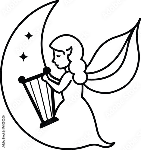 Fairy Playing Harp in Moonlight Coloring Illustration on Transparent Background