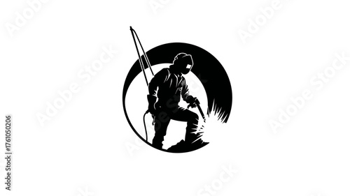 Industrial worker silhouette, welder with welding torch and bright sparks in a stylized circular graphic design element