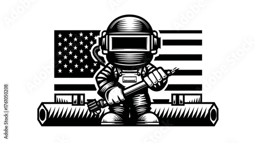 Skilled welder character illustration with safety gear and torch, featuring a patriotic flag symbol and industrial metal pipes.