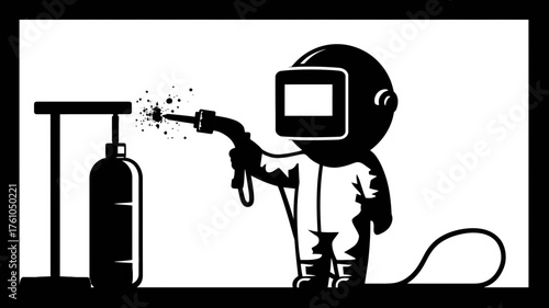 Industrial welder character sparks flying while working with a welding torch and gas cylinder on a metal workpiece