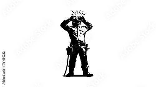 Silhouette illustration of a uniformed professional having a brilliant idea or eureka moment with a lightbulb spark above head.