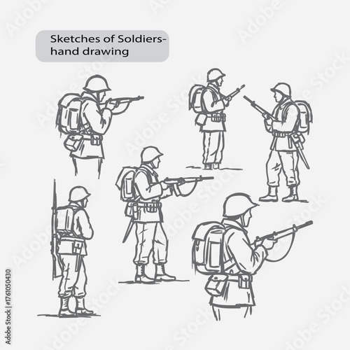 Collection of hand-drawn soldier poses demonstrating military action and combat ready stances vector