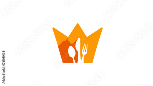 Elegant golden crown icon with restaurant cutlery – spoon, knife, and fork – symbolizing premium food, fine dining, or chef excellence concept.