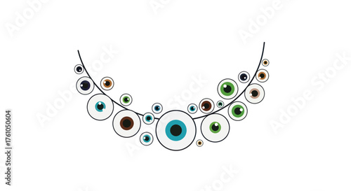 A surreal artistic necklace composed of various sized and colored human eyeballs.