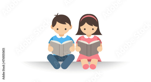 Cartoon Boy and Girl Reading Books Together Sitting Down.