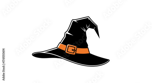 Classic Black Witch Hat Illustration with Orange Buckled Band.