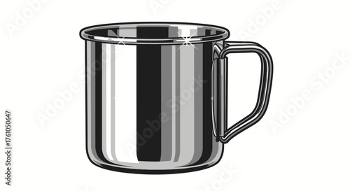 Shiny Stainless Steel Camping Mug with Sturdy Handle.
