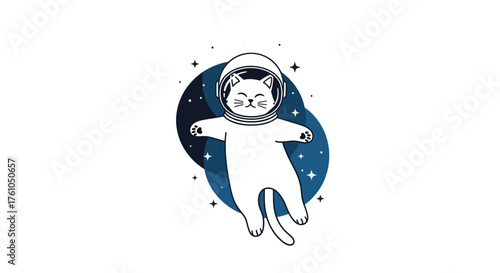 Cartoon Cat Astronaut Floating in Space with Stars and Blue Nebula.