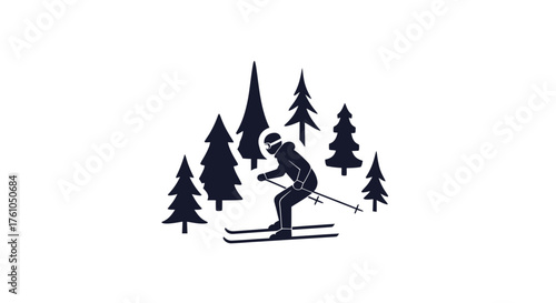 Skier in Silhouette Among Evergreen Trees Winter Sport.