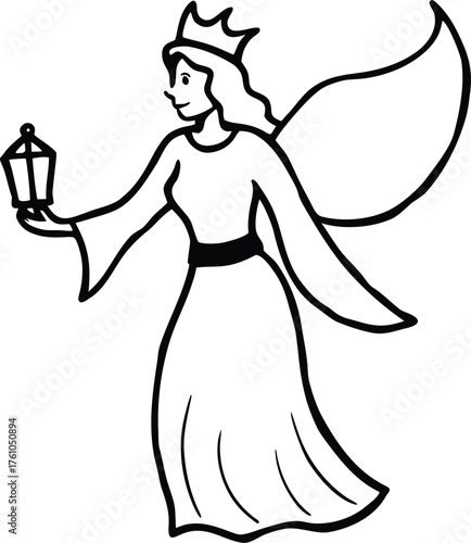 Fairy Queen Holding Glowing Lantern Coloring Illustration on Transparent Background