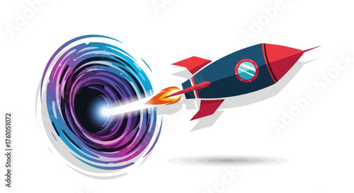 Futuristic rocket blasting through a swirling vortex portal.