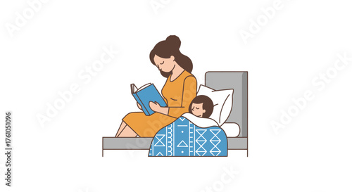 Mother reading a book to her sleeping child in bed illustration.