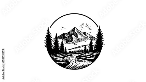 Hand-drawn rustic mountain landscape illustration with pine trees, winding river, and sun in circular frame, nature wilderness outdoor adventure vector art