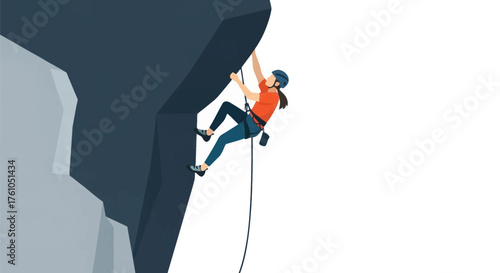 Determined Female Rock Climber Ascending a Steep Mountain Cliff Face.