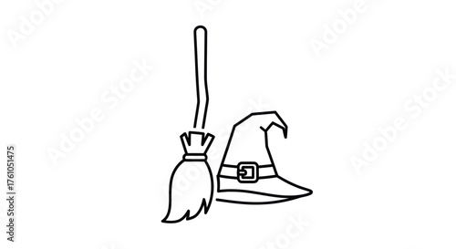 A simple line art drawing of a witchs pointed hat with a buckle and a broomstick for Halloween.