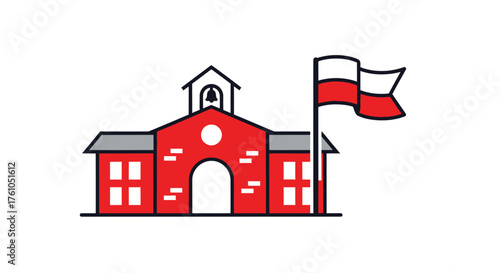 Simple illustration of a red brick schoolhouse with the flag of Poland.