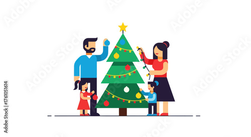 Happy Family Decorating Christmas Tree Together with Ornaments and Star.